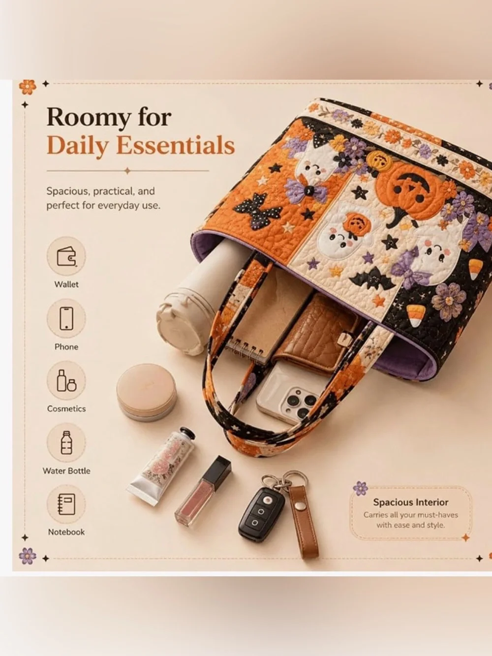 #3127** Quilted Tote Bag with Pumpkin & Ghost Appliqué/Orange/Black/White